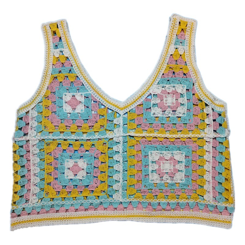 Vintage Imitation Hook Embroidery Women's Sleeveless Knitted Hook Embroidery Chequered Sling Artistic Chain Chain Embroidered Vest