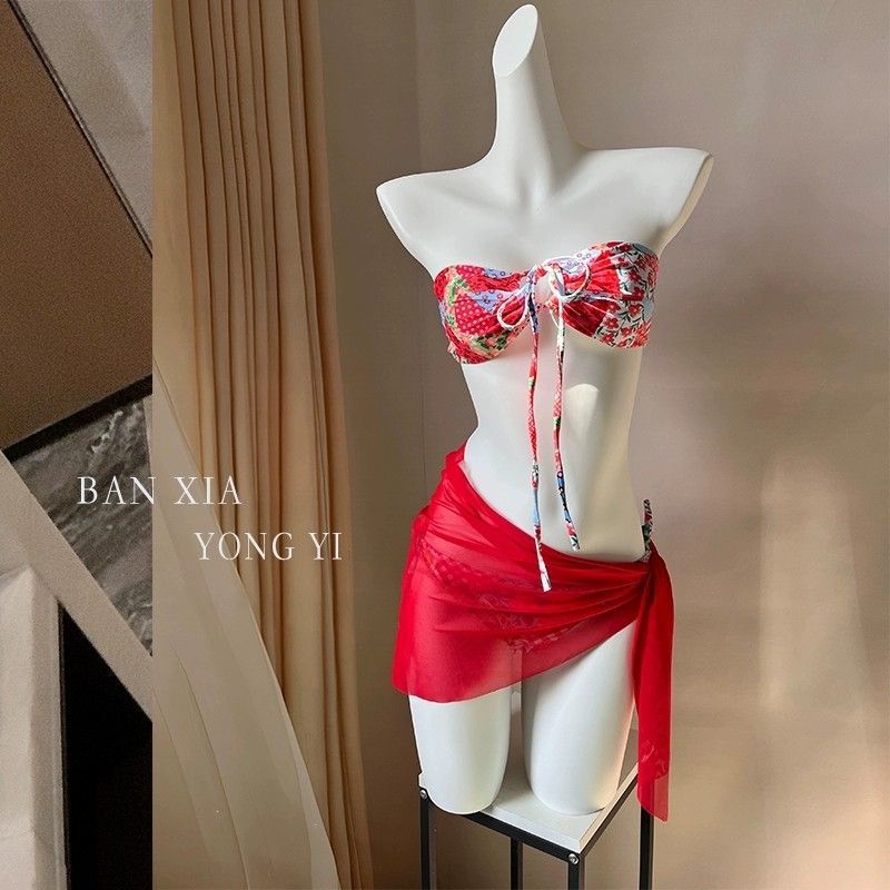 Picture of mosricci Pure Desire Red White Ethnic Print Bikini Split Swimsuit Women's Small Chest Tube Top Covered Skirt