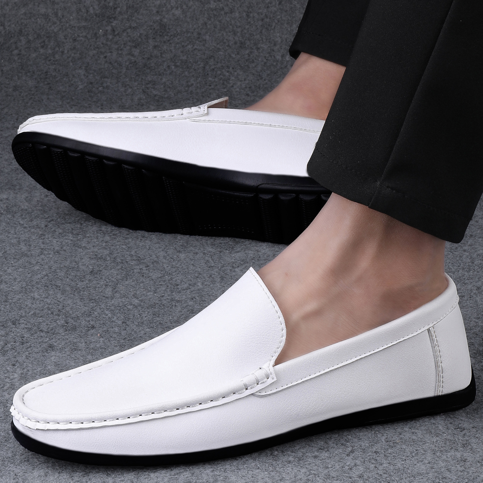 Autumn 2024 New Solid Color Trendy Casual Leather Shoes Fashion Simple Men's Casual Shoes Round-toe Flat Heeled Pea Shoes