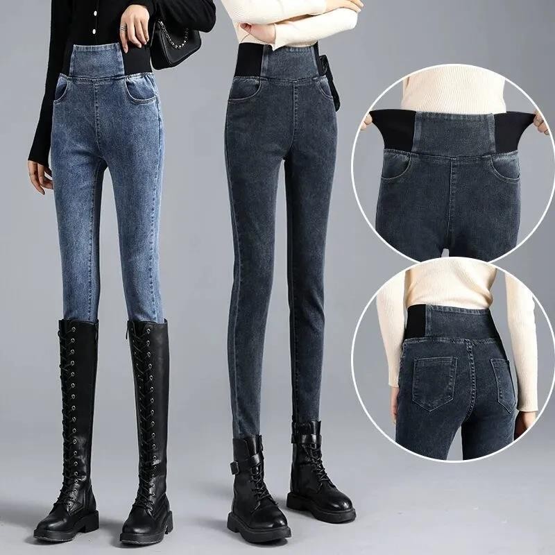High waist pencil pants women autumn and winter fleece-lined plus size chubby girl slim tight elastic waist small feet long pants wholesale