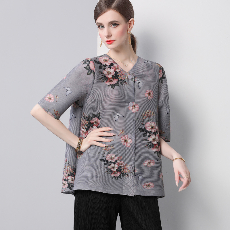 in stock Miyake New Chinese Cardigan Women's Summer Top He Saifei Chenghuan Mai Mother Liu Wanyu Same Style Shirt