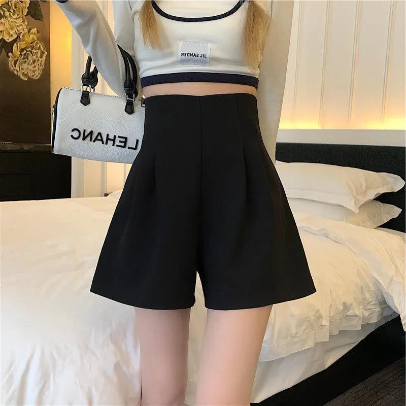 2024 new plus size chubby girl high waist outside wear slim A word wide leg pants black casual hot pants anti-light