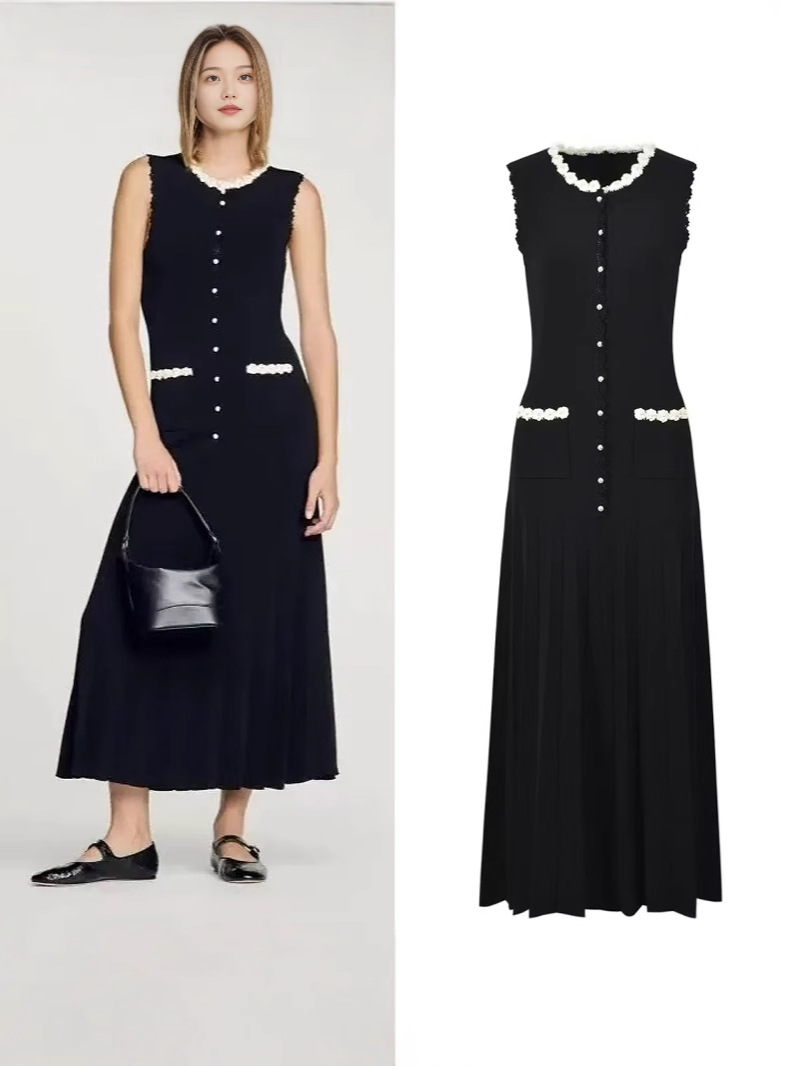 Cross-Border S Brand Spring and Summer Women's Hand-Crocheted Color-Blocking French-Style Sleeveless Pleated Knit Tea Break Dress