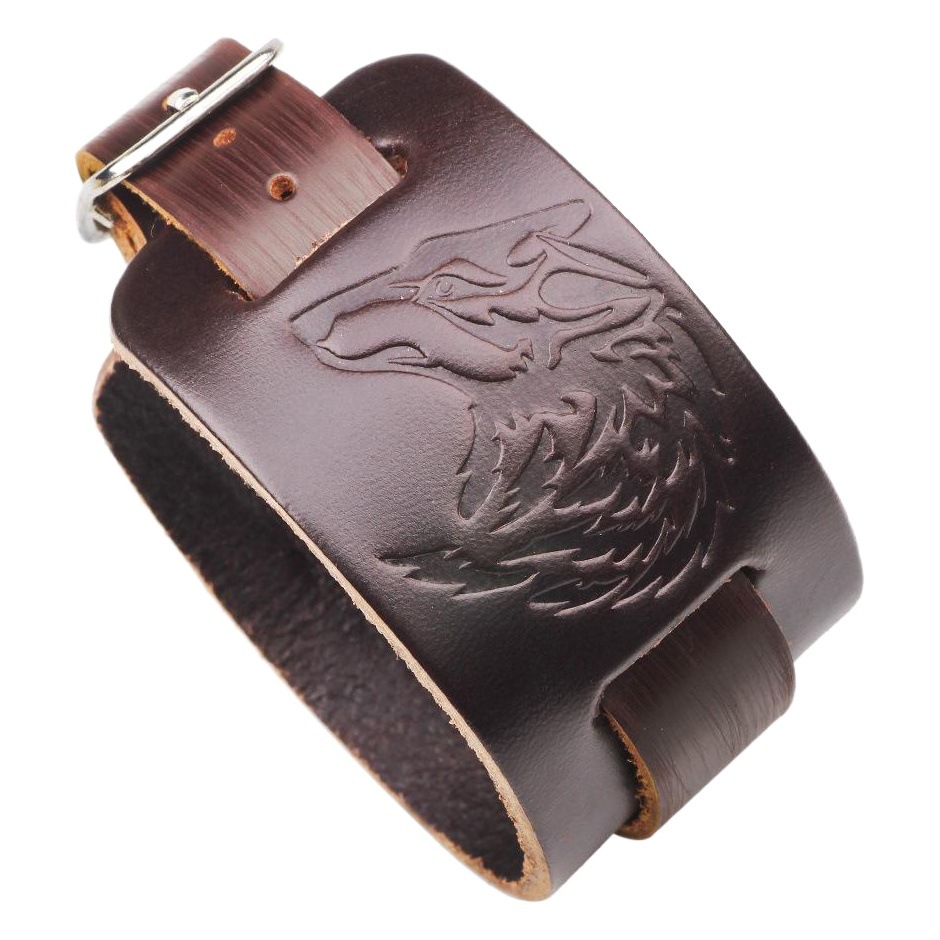 Europe and the United States real leather wolf head embossed cowhide bracelet punk rock wide cowhide bracelet Yiwu commodity cross-border wholesale