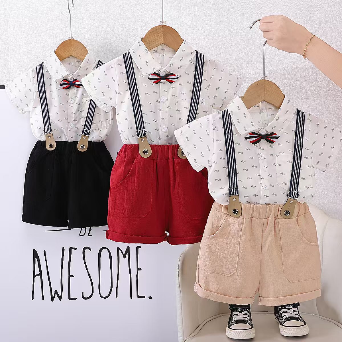 Cross-border for boys summer suit British lapel letters short sleeve shirt suspenders two-piece wholesale foreign trade