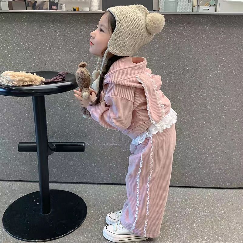 Sweet Lace Rabbit Ear Hooded Sweatshirt Jacket Casual Comfortable Sports Pants Girl Korean Style Two-Piece Set Trendy