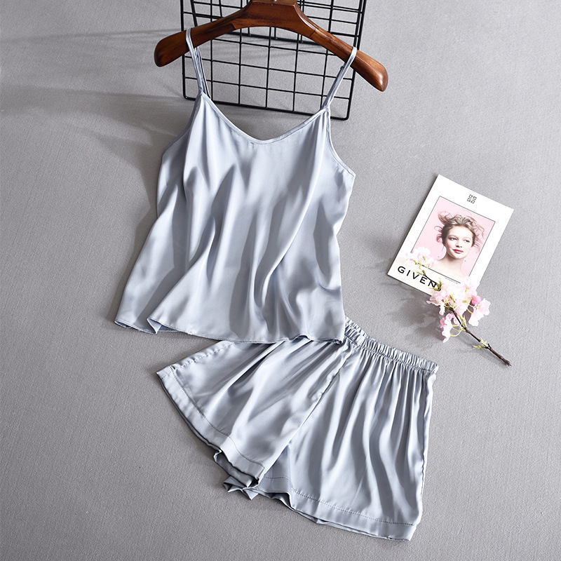 Solid color suspender shorts two-piece Ice Silk pajamas women's home wear suit silk satin sexy summer artificial silk