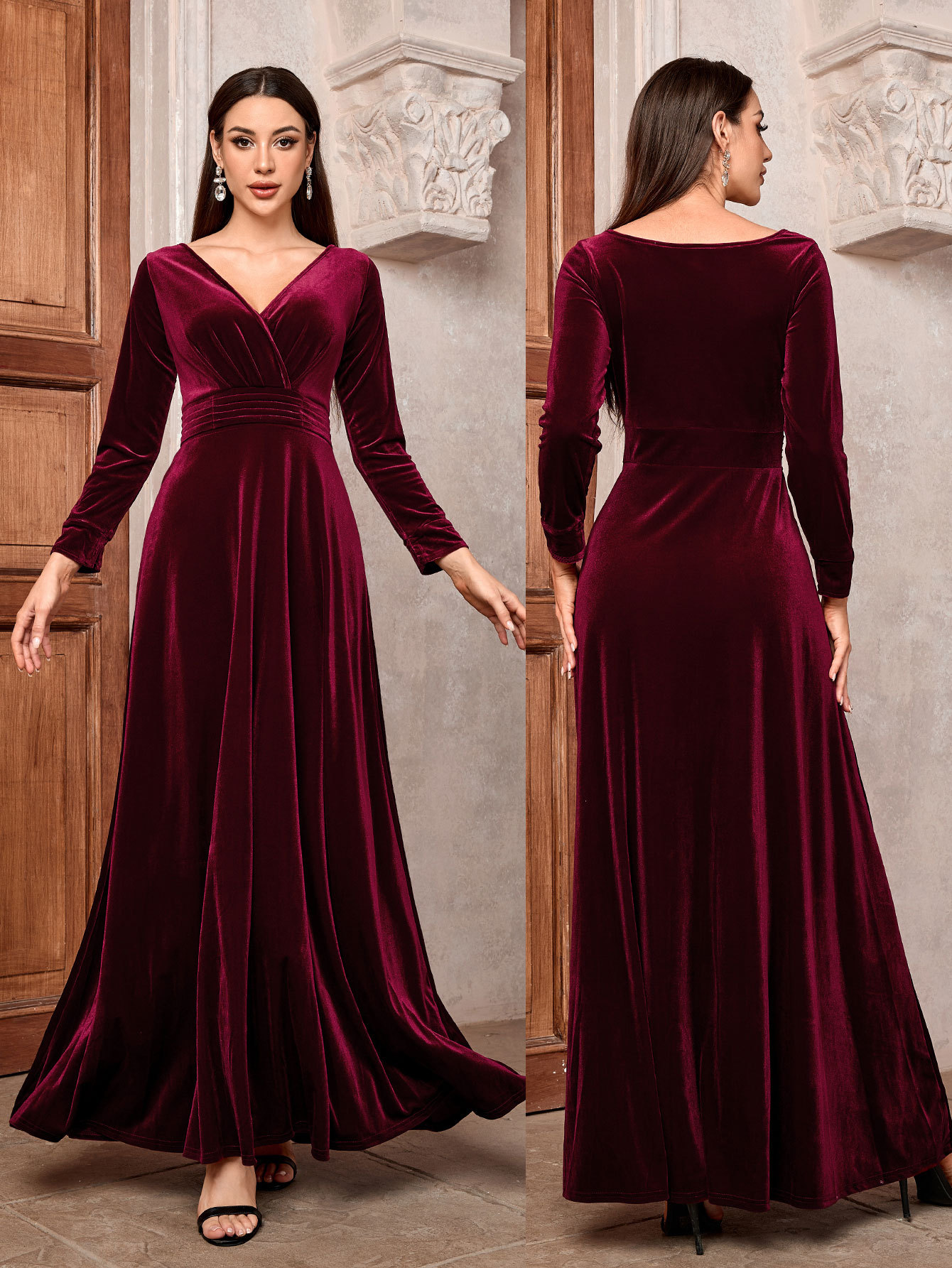 Cross-border Women's dress Autumn and Winter Tight Waist Banquet Skirt Golden Velvet V-neck Long Sleeve Swing Skirt Evening Dress Elegant Long Skirt