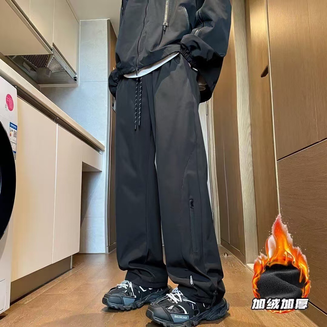 Cross-border Charge Pants Men's Winter fleece-lined Thickened Warm Zipper Waterproof Mountaineering Pants Loose Straight Casual Pants
