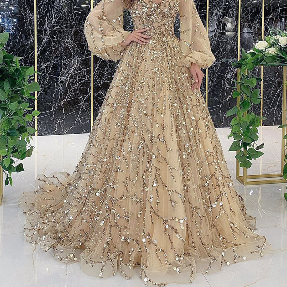 Picture of 2025 Cross-Border New Golden Heavy Industry Beaded Luxury Evening Dress Sexy Socialite Aura Queen Long Dress Dq7109
