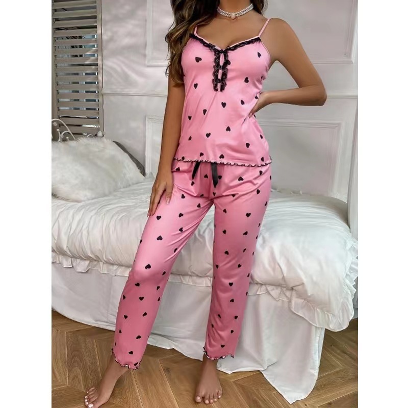 European and American Foreign Trade women's new V-neck pajamas comfortable home button strap trousers home wear suit
