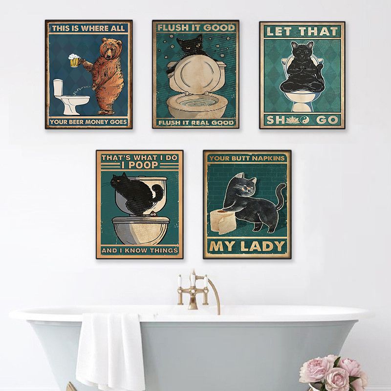 American-Style Decorative Painting Poster for Bathroom, Creative Animal Toilet Canvas Painting, Core Export Wholesale, Vintage Style