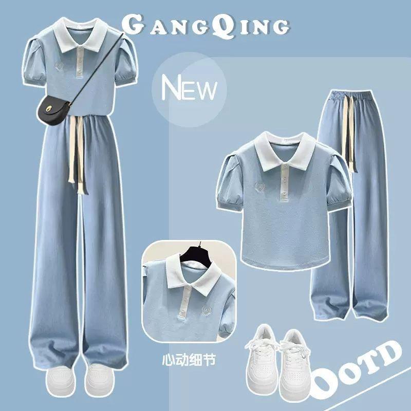Girls' Internet Celebrant suit 2024 Summer New Style Big Children's Bubble Sleeve Polo Shirt Girls' Fashionable Trousers Two-piece Set