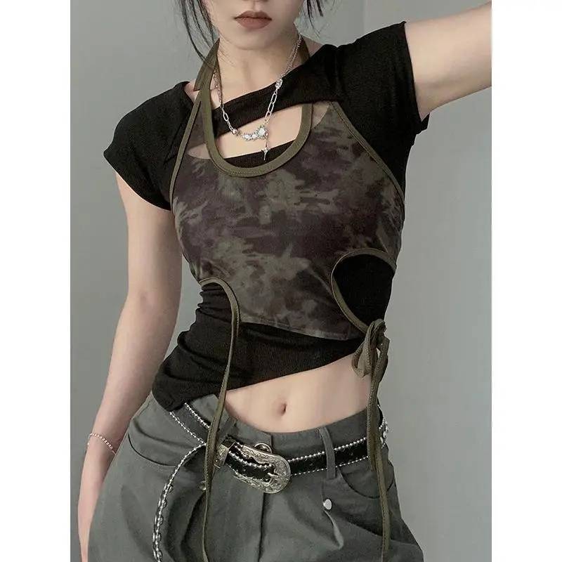 Vintage Spice Girl Camouflage Printed Mesh Neck Strap Summer Slim-fit Slimming Irregular Short Top Two-piece Set