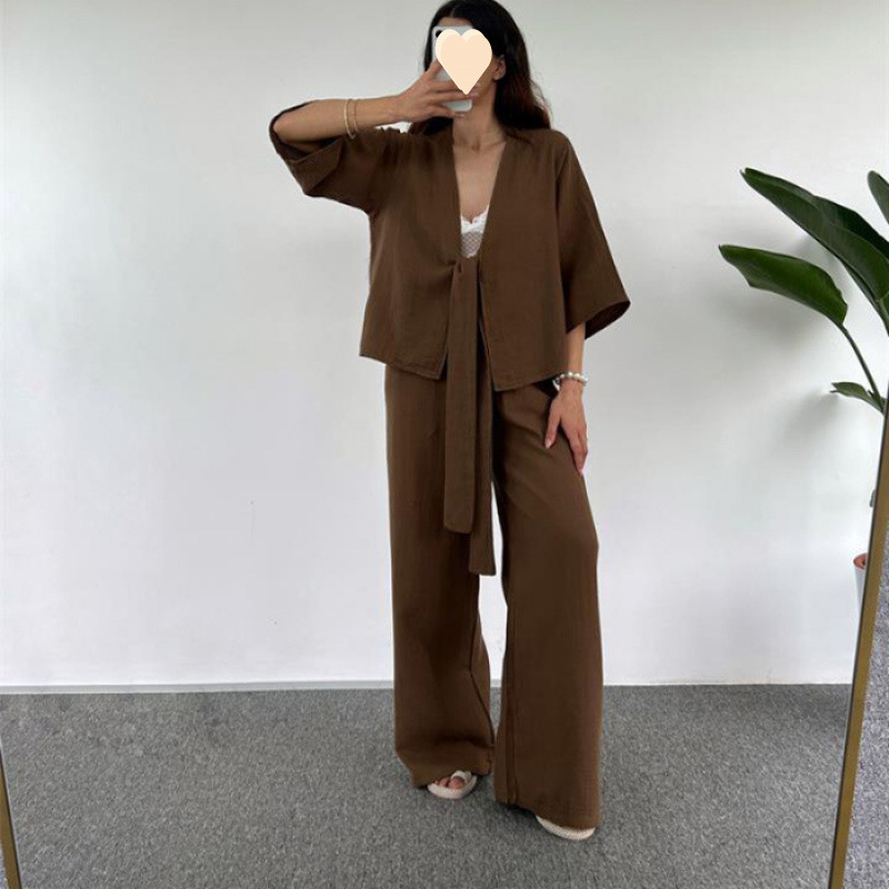 Picture of European and American Cross-Border Export Women's Fashion Casual Loose Suit Plain Lace-Up Three-Quarter Sleeve Cardigan Trousers Two-Piece Set