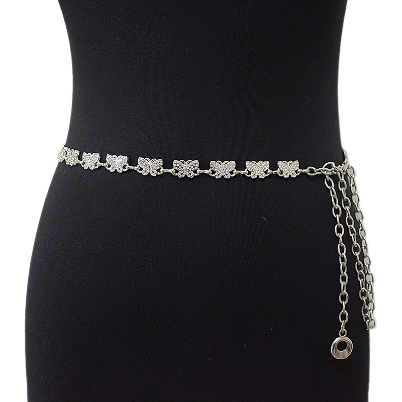 Cross-Border New Women's Belt Casual Waistband Rhinestone Inlaid Butterfly Decorative Metal Chain Waist Chain Wholesale in Stock