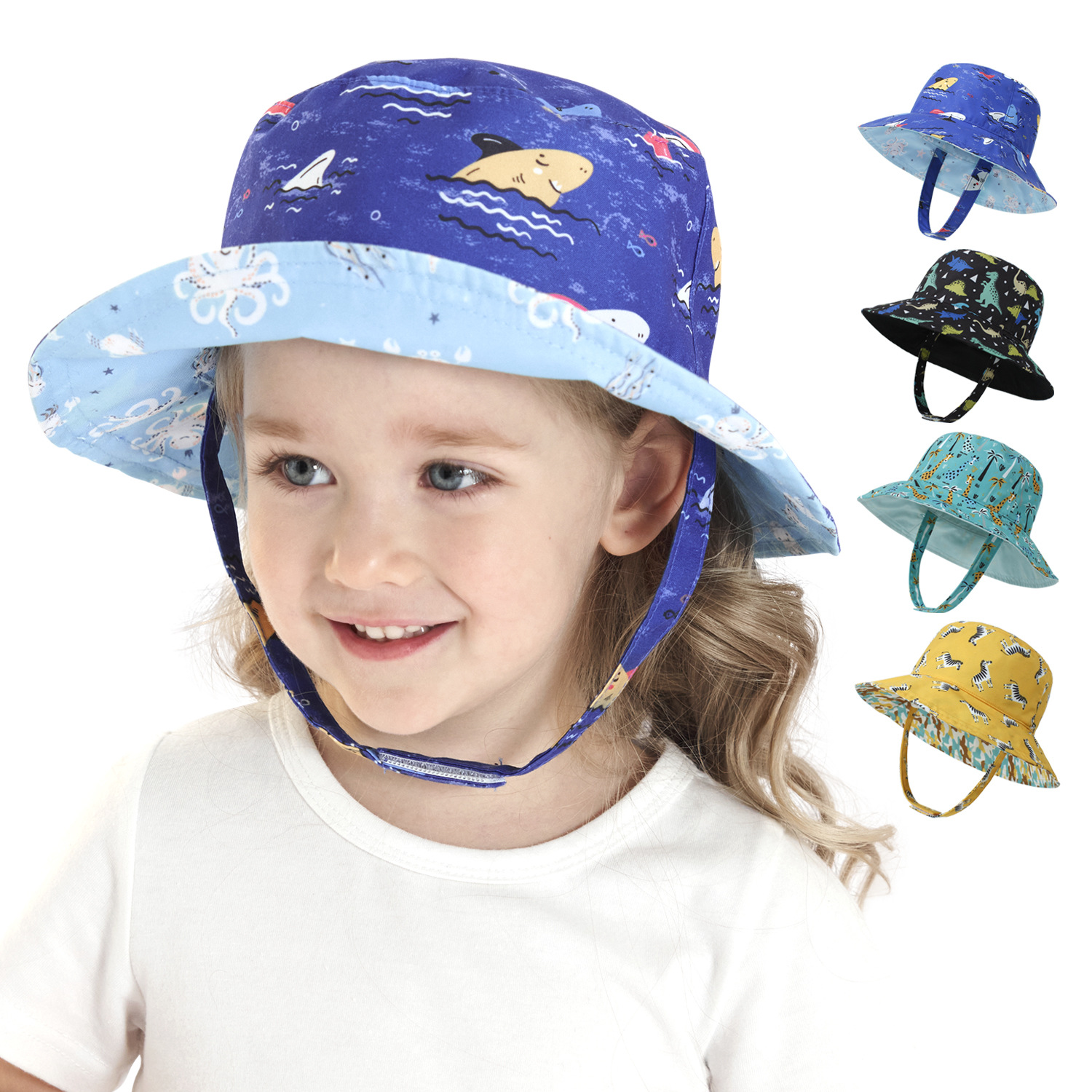 Children's fisherman hat European and American spring and summer double-sided wearable sun hat outdoor cartoon printed baby basin hat baby hat