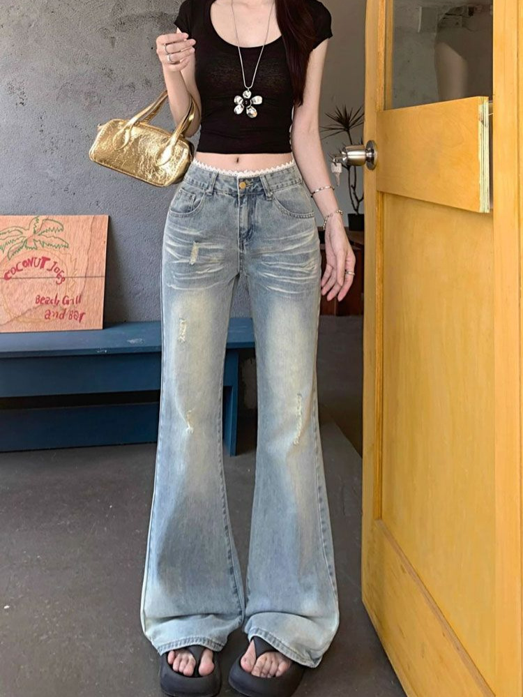 Korean Style Ins Retro Jeans for Women Summer 2025 New Lace Low-Waist Slimming Look Slimming Look Micro-Flared Pants