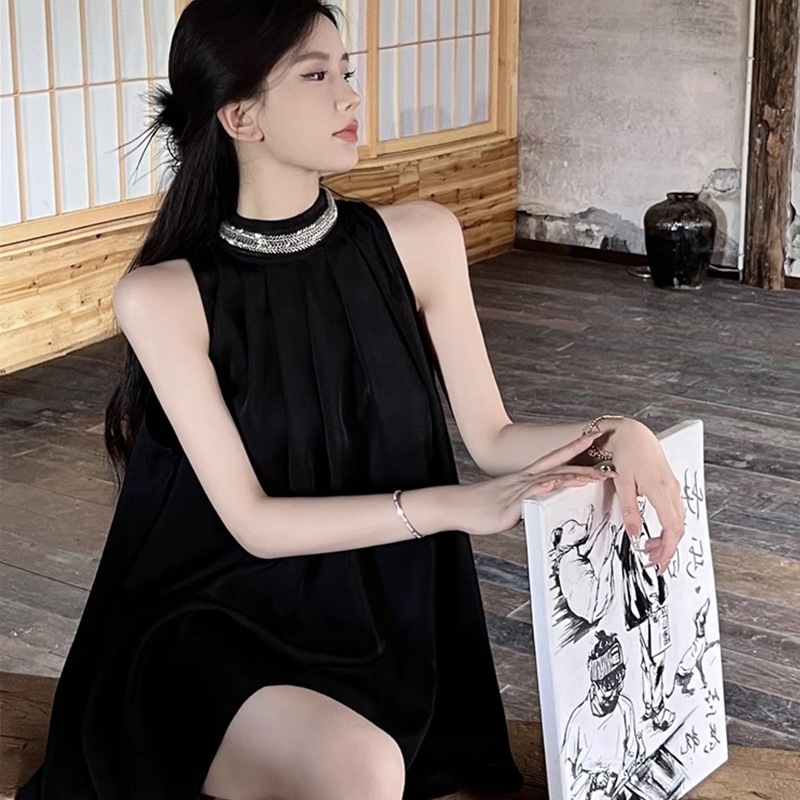 Official Picture Real Price Halter Top Dress Women's Summer Skirt Petite Loose A-Line Off-Shoulder Elegant Short Skirt