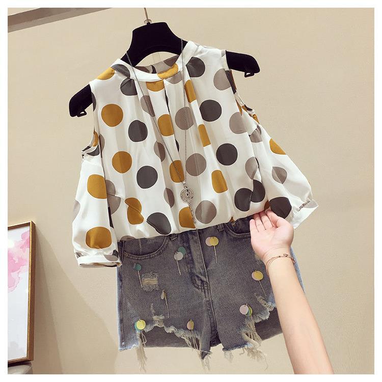 Picture of plus size Women's Clothing Summer Chubby Girl Loose Slimming Belly-Covering Foreign Style Top Polar Point Shoulder Short-Sleeved Chiffon Shirt