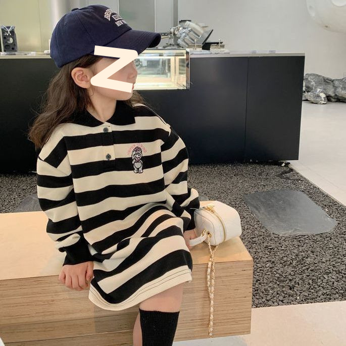 Girls' Early Autumn Striped Sweatshirt Skirt 2024 New Stylish Cartoon Long Sleeve Mid-Length T-Shirt Skirt