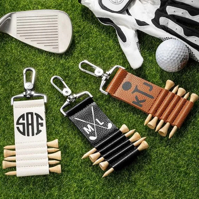 in stock Laser Engraving Golf Wood Nail Leather Case Waist Hanging Keychain TEE Storage Bag Multi-Pack Nail Cover