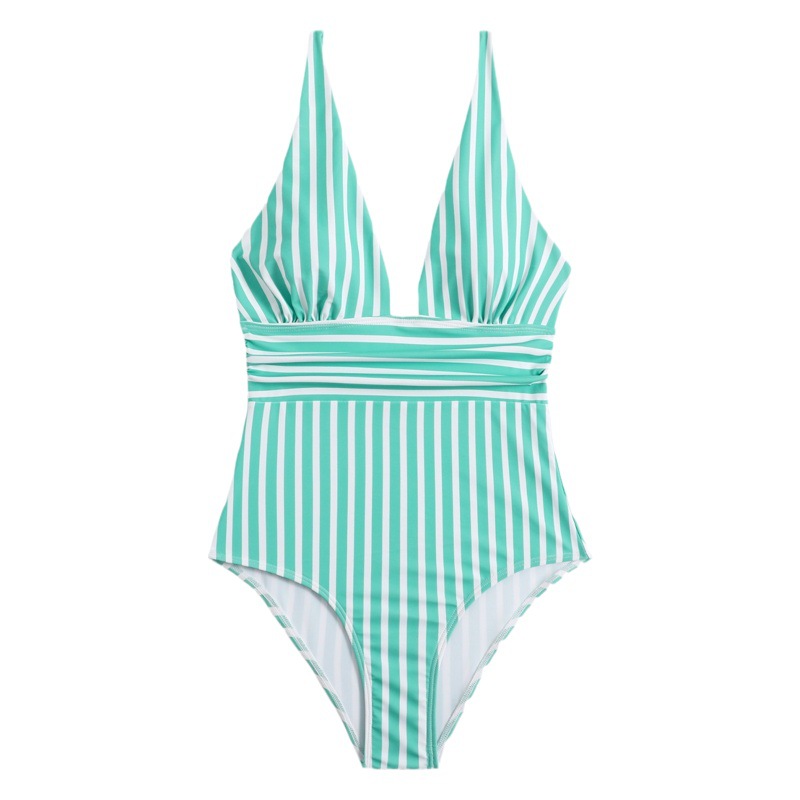 2024 New Foreign Trade Women's Swimsuit Striped Printed Waist V Neck Belly Covering Cross-Border Amazon One-Piece Bikini