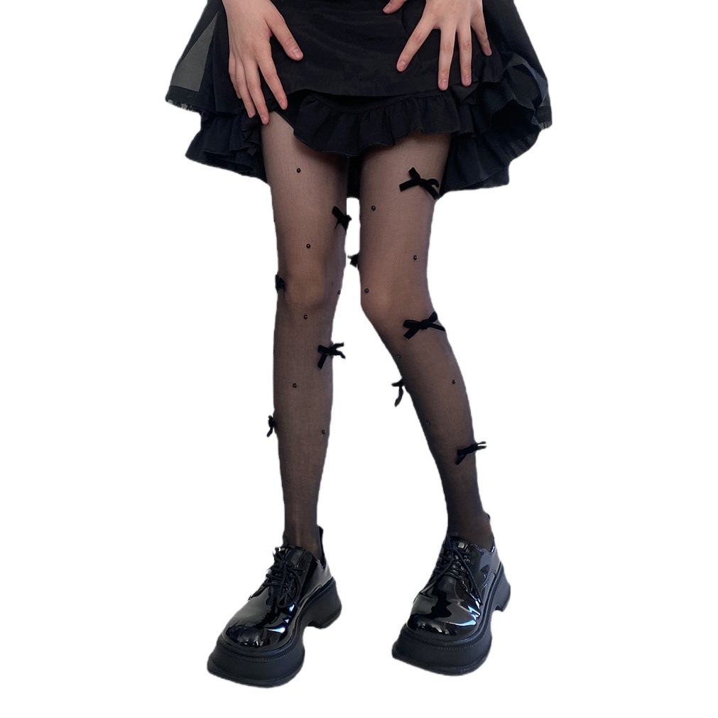 Spring and summer new black silk small group milk white girl heart cute velvet bow Pearl free cut base stockings women