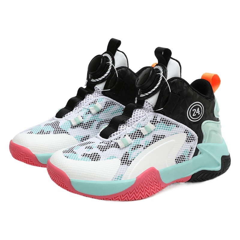 Children's Basketball Shoes Boys Rotating Buckle Middle and Big Kids Students Sports Running Shoes Breathable Mesh Sneakers Anti-Slip Ball