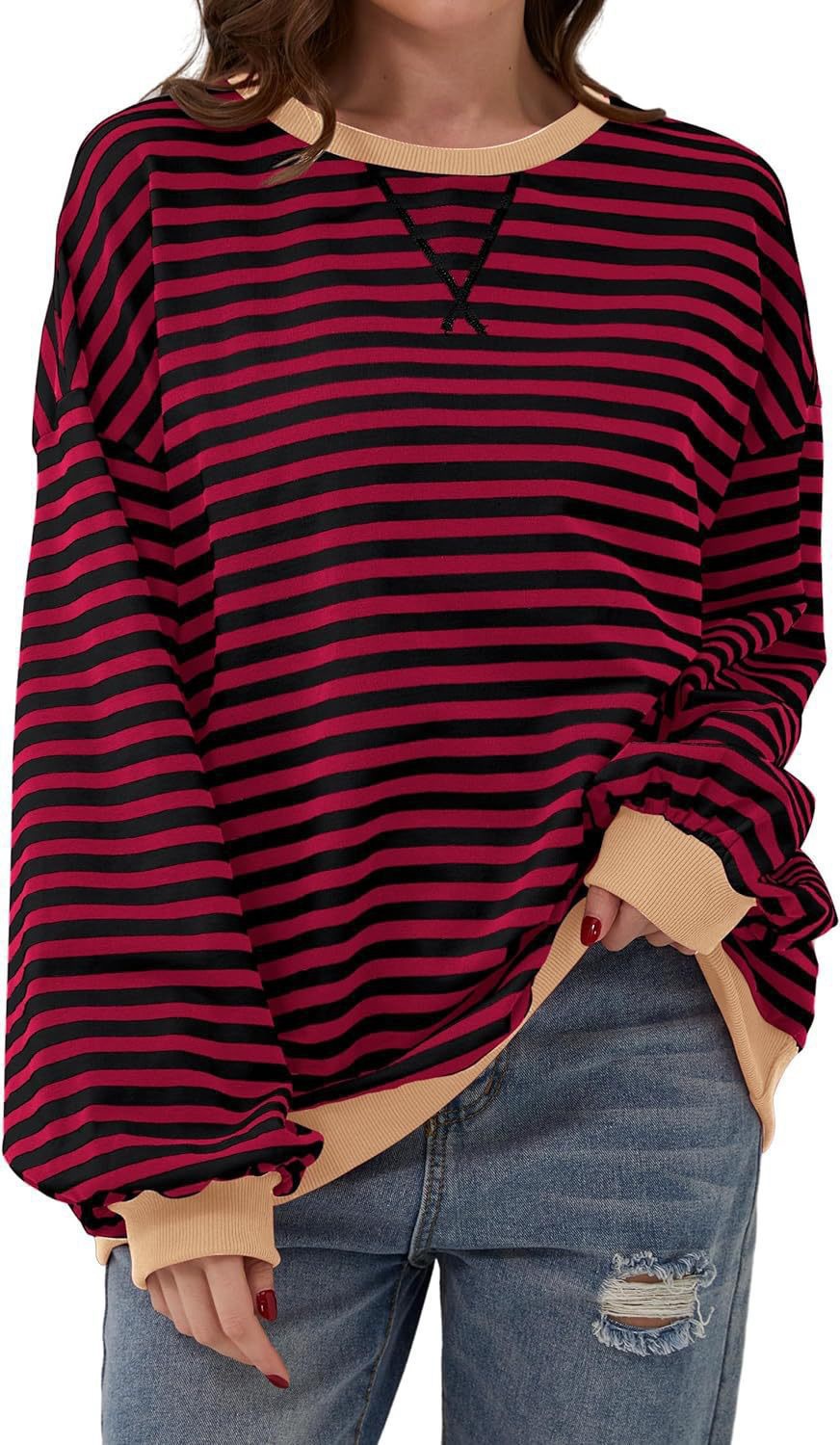 Picture of Europe and the United States cross-border Amazon autumn and winter new casual striped color matching T-shirt top
