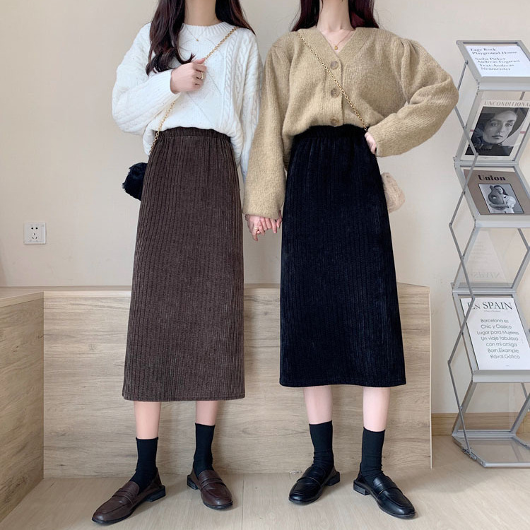 Corduroy Skirt Women's Spring and Autumn New All-match High Waist A- line Skirt Slimming Split Straight Skirt Mid-length Hip Skirt