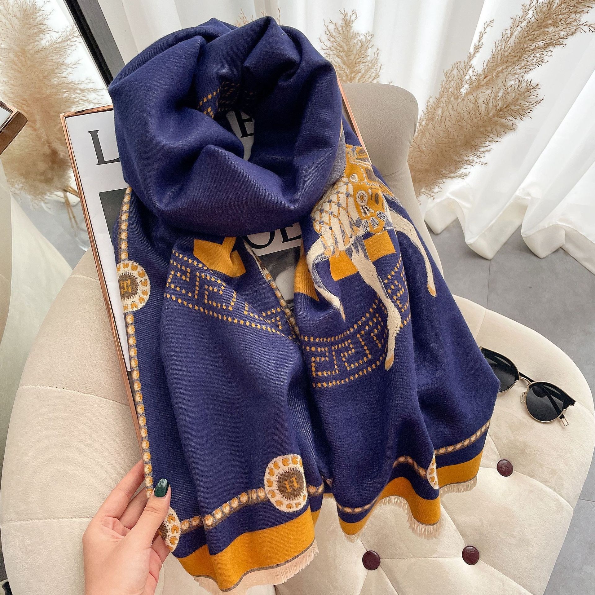 Picture of 2024 New Fashionable Big-Name Versatile Orange High-End Wool Cashmere Shawl Scarf for Women Winter Dual Use