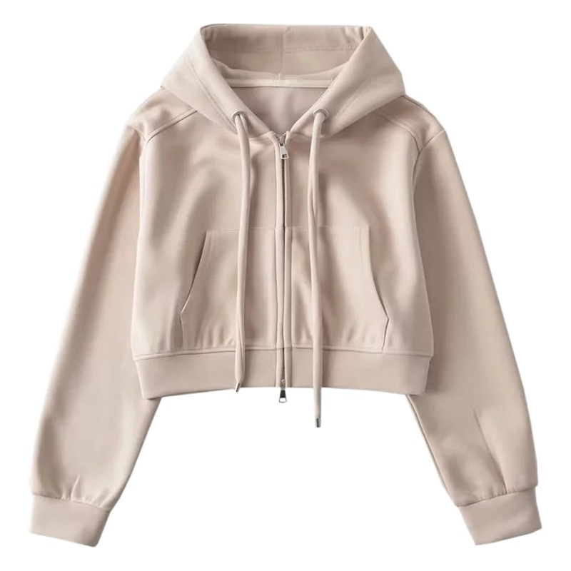 2023 autumn and winter New short double zipper cardigan coat Korean style hot girl hooded drawstring long sleeve sweater for women