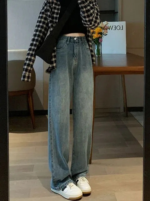 High waist wide leg jeans for women 2022 autumn thin slimming versatile draping straight mop pants hot girl fashion