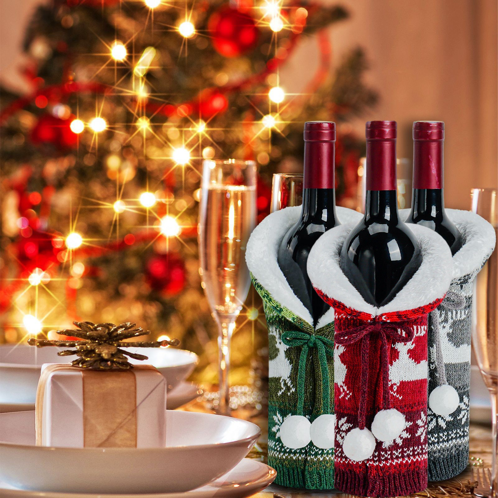 Cross-border New Christmas Decorations Tablecloth Wool Knitted Wine Bottle Set Holiday Wine Bottle Set Wine Bottle Decoration