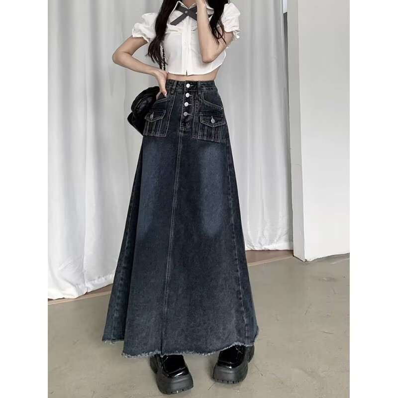 American Style Casual Retro Denim Skirt Women's Spring and Autumn New Arrival Small Loose High Street A- Edge Long Skirt