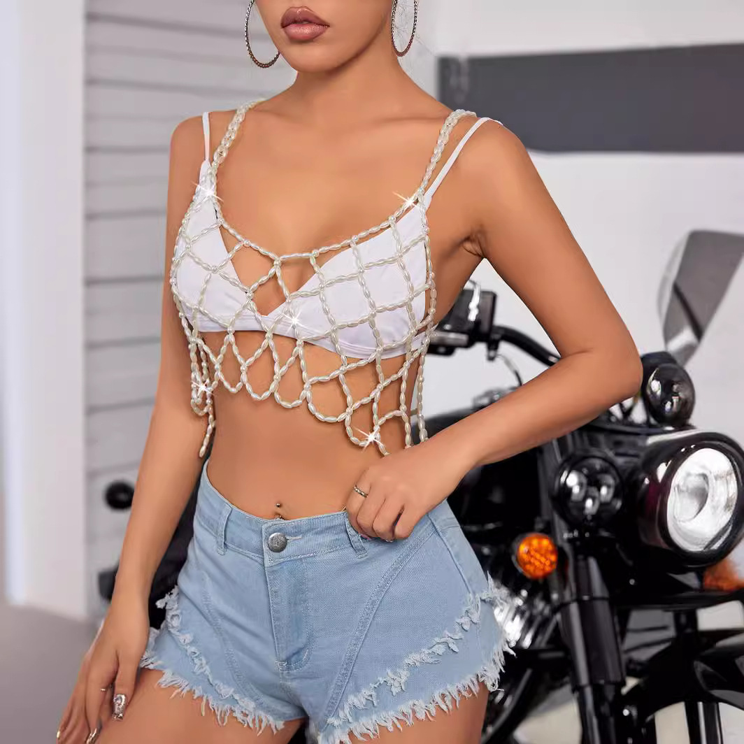 European and American Amazon Supply summer beach sexy pearl strap hollow bikini top Y21849