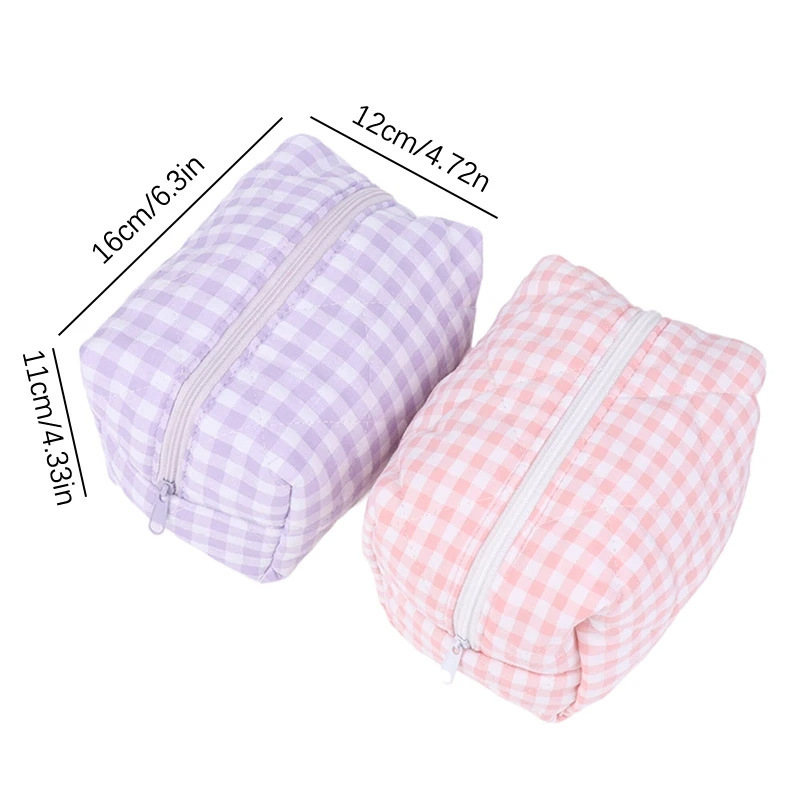 Picture of Sweet Cherry Printed Cosmetic Bag Plaid Fabric Macaron Color Makeup Bag Girl's Toiletries Storage Bag