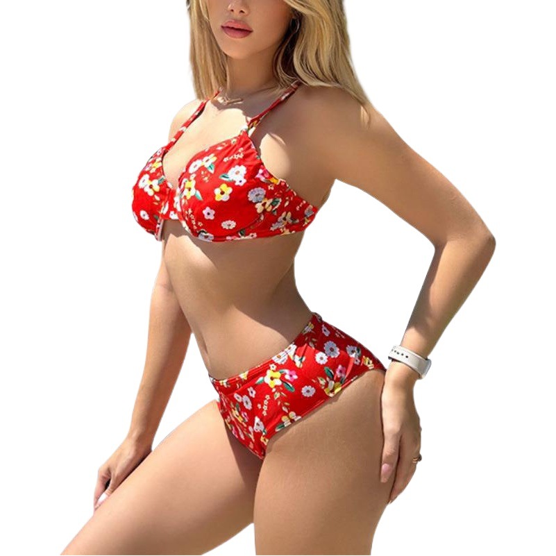 2024 European and American New Floral Steel Traced Push-up Bikini Sexy High Waist Triangle Beach Split Swimsuit Women