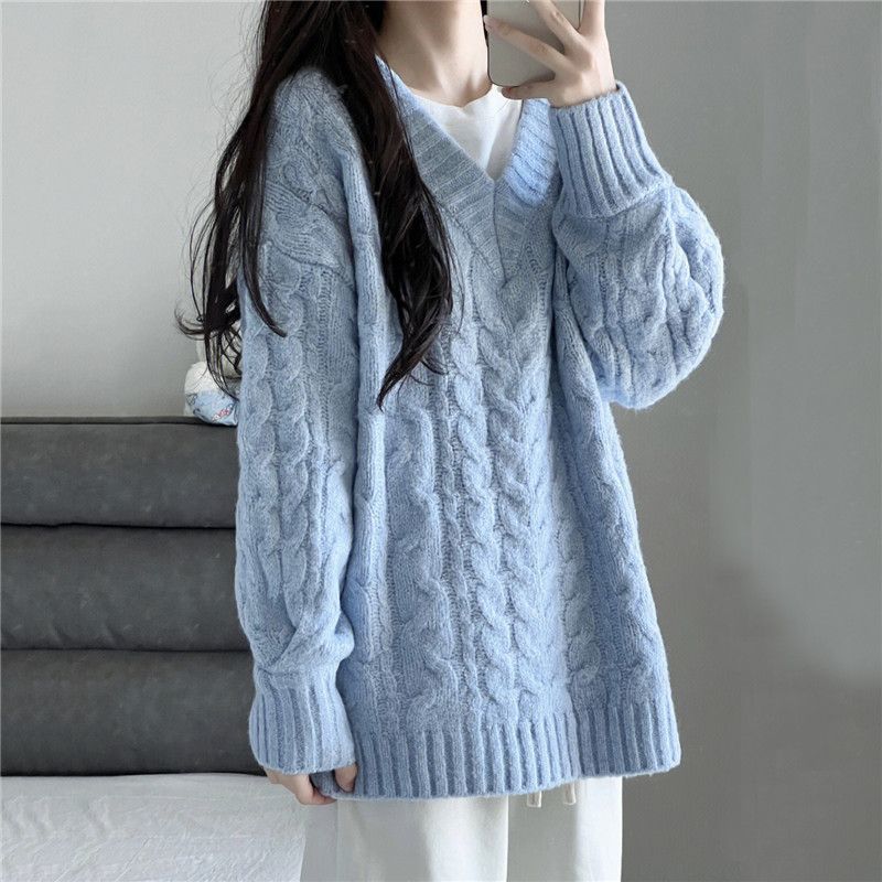 Spice Girls Lazy Style V-neck Sweater Women's Autumn and Winter 2024 New Korean Style Gentle Loose Twist Top Coarse Wool