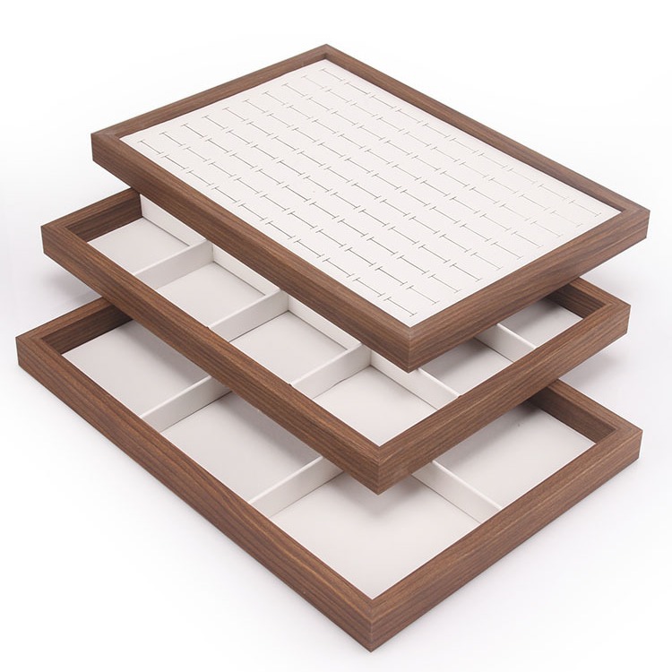 Picture of Fashion walnut grain white leather jewelry box with lid dustproof earrings earrings earrings storage box ring necklace bracelet tray