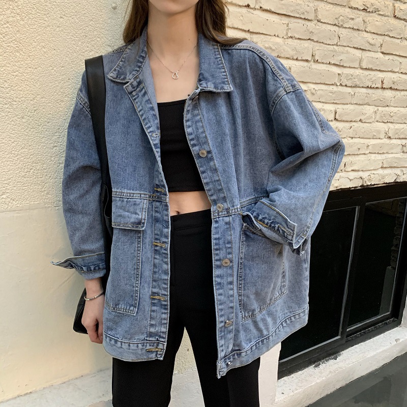Denim Jacket Women's Spring and Autum New Korean Style Loose Bf Versatile Student Harajuku Retro Long-Sleeved Top Women's Black