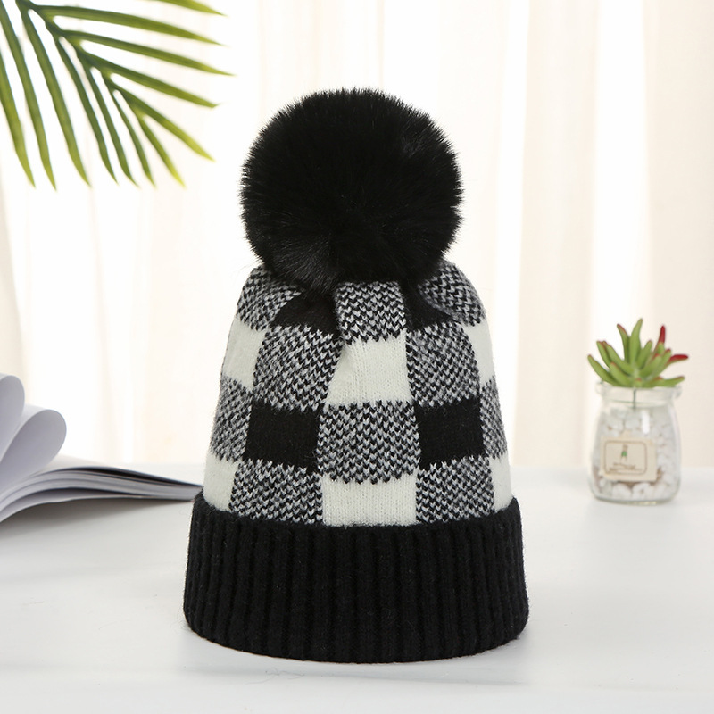 Picture of Korean Style Women's Autumn and Winter Warm Hat with Artistic Plaid Design, Rabbit Fur Pom-Pom, Fashionable Knitted Hat with Artistic Flair