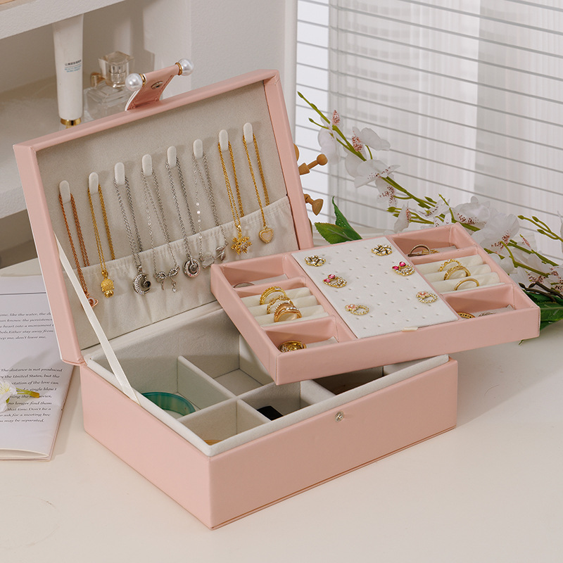 Cross-border double PU large capacity earrings jewelry box ring earrings necklace pearl treasure box jewelry storage box wholesale