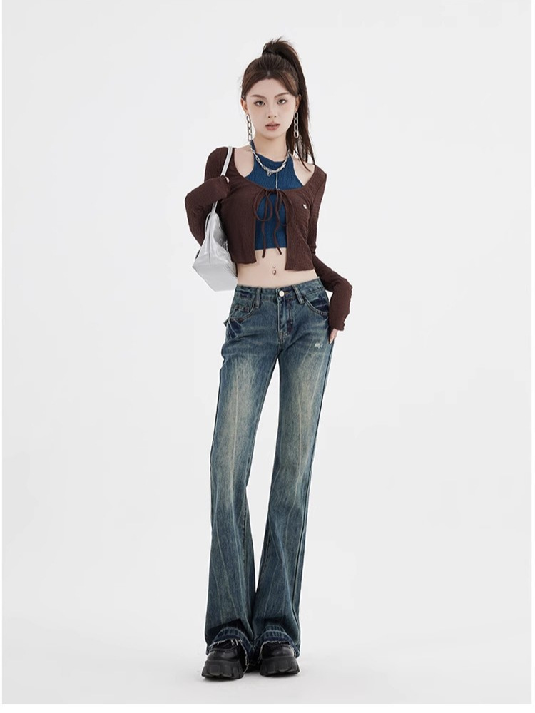 2025 Spring and Autumn American Retro High Waist Slightly Flared Jeans Embroidered Distressed High Street Hot Girl Slim Fit Slightly Flared Pants