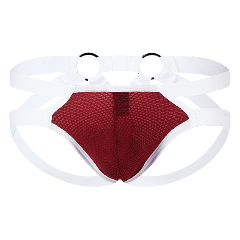 Low waist stretch men's thong breathable hollow sexy underwear U highlight large double thong Ice Silk coquettish men's underwear