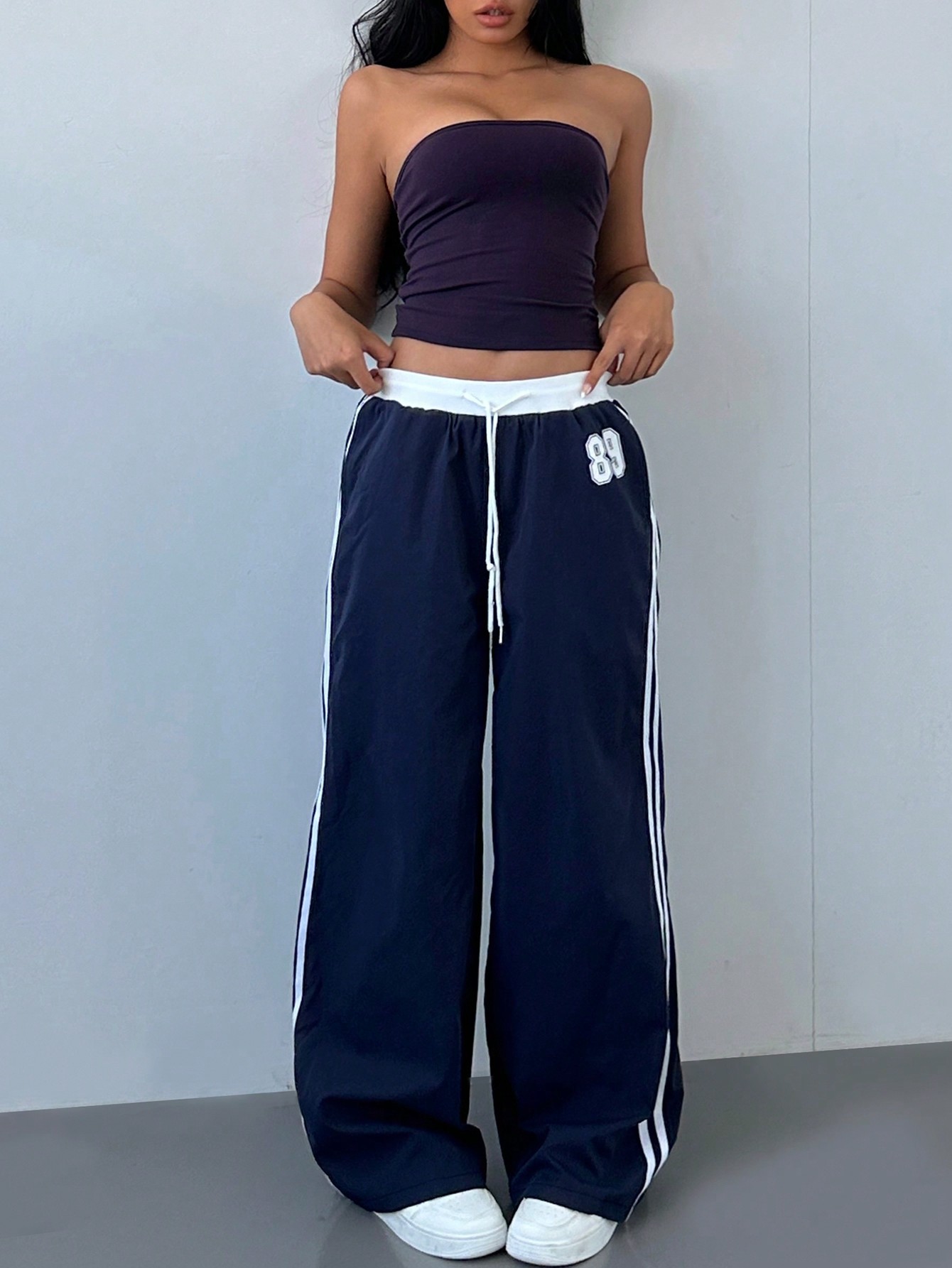 Cross-border European and American 2025 Spring and Summer New High Waist Dosing Loose Straight Leg Wide Leg Casual Pants Drawstring Color-matching Pants