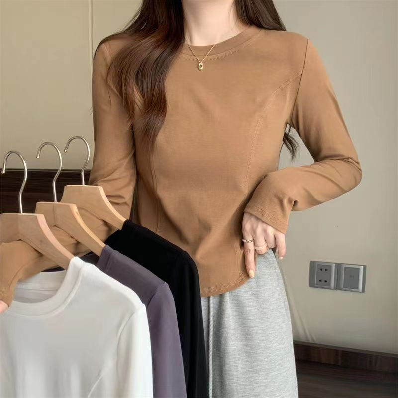 Round neck Women's inner cotton long-sleeved T-shirt bottoming shirt autumn and winter slim slimming Fishbone sweet spicy bottoming Top Spring