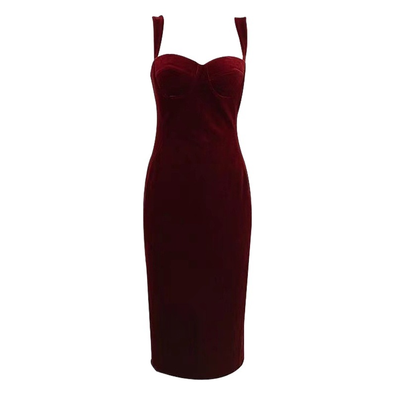 Velvet Red Sling Dress Women's 2022 Early Autumn Retro French Hepburn Style Design Niche Dress
