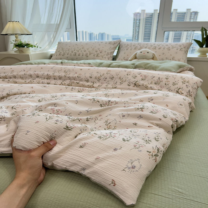 Picture of Double-Layer Gauze Wrinkled Cotton Bed Four-Piece Set Small Fresh Quilt Cover Home Ins Style Floral Summer New Three-Piece Set